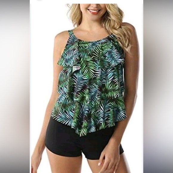 NWT SEPTANGLE Green Brown Tiered-Ruffle 3 Layered Tankini Swim Top Size 20 - Picture 1 of 9